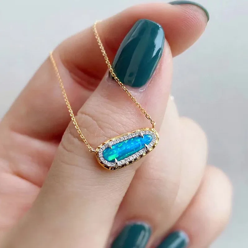 18K White & Gold 0.40ct Natural Opal 0.1ct Diamond Necklace 18"
