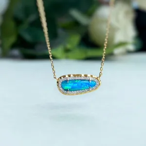 18K White & Gold 0.40ct Natural Opal 0.1ct Diamond Necklace 18"