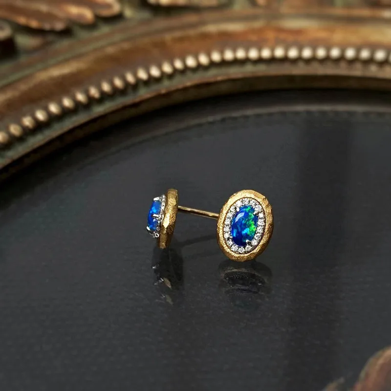 18K White & Gold 0.50ct Natural Opal Diamond Stud Earrings