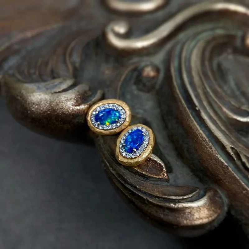 18K White & Gold 0.50ct Natural Opal Diamond Stud Earrings