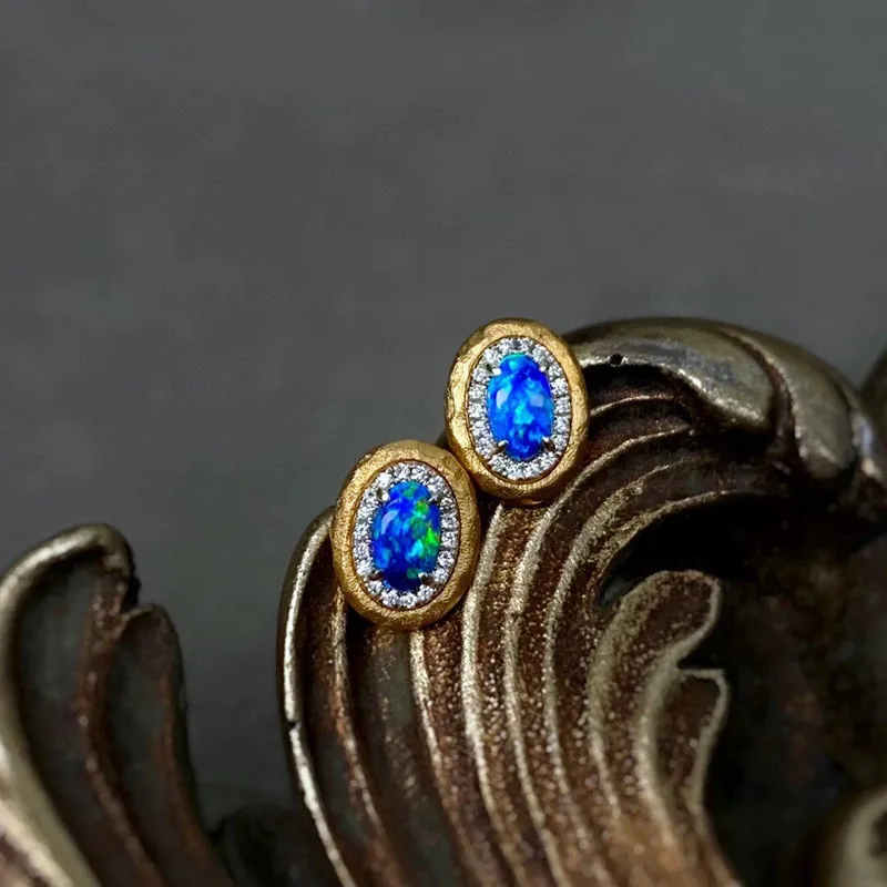 18K White & Gold 0.50ct Natural Opal Diamond Stud Earrings