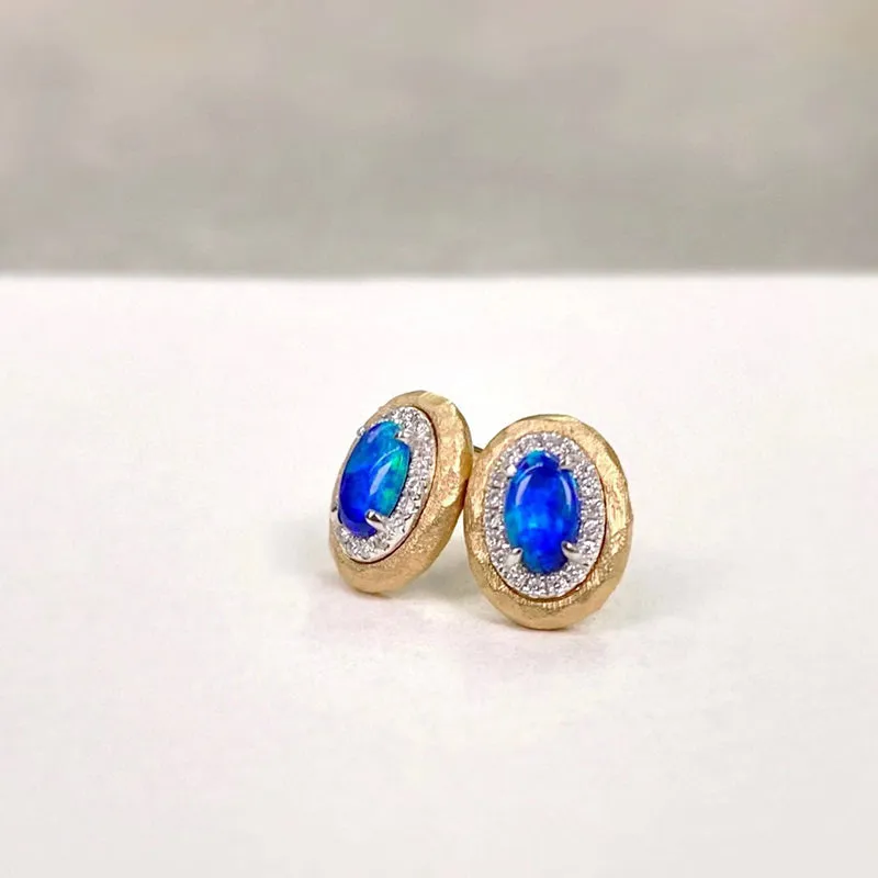 18K White & Gold 0.50ct Natural Opal Diamond Stud Earrings