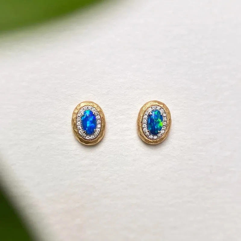 18K White & Gold 0.50ct Natural Opal Diamond Stud Earrings