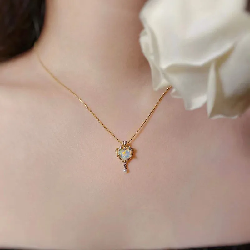 18K White & Gold 0.6ct Natural Opal Real Diamond Akoya Pearl Necklace 18"