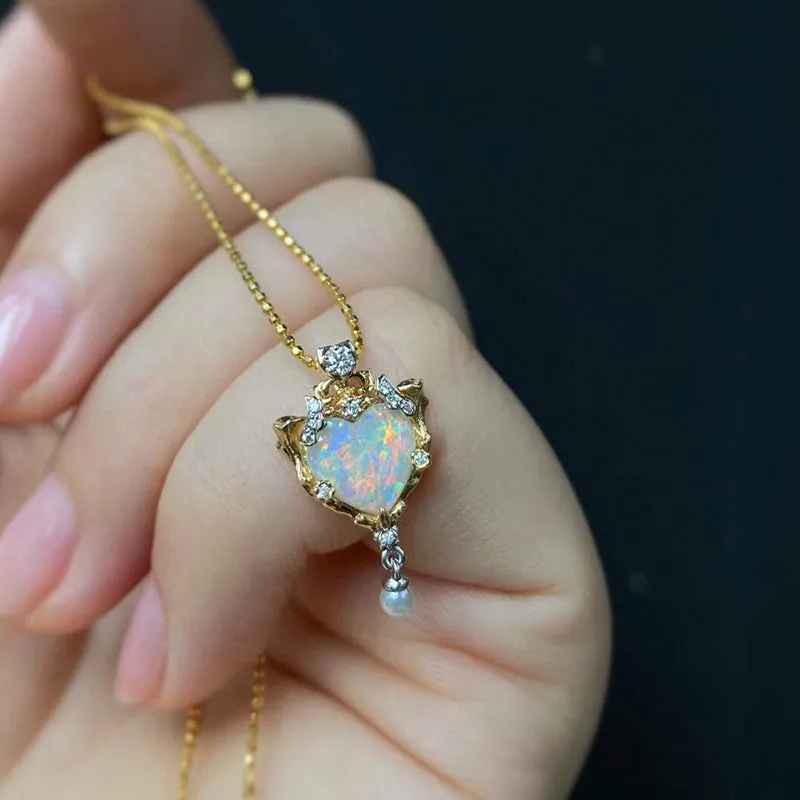 18K White & Gold 0.6ct Natural Opal Real Diamond Akoya Pearl Necklace 18"