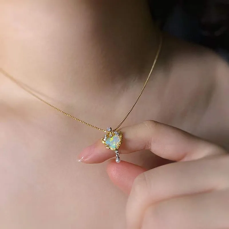 18K White & Gold 0.6ct Natural Opal Real Diamond Akoya Pearl Necklace 18"