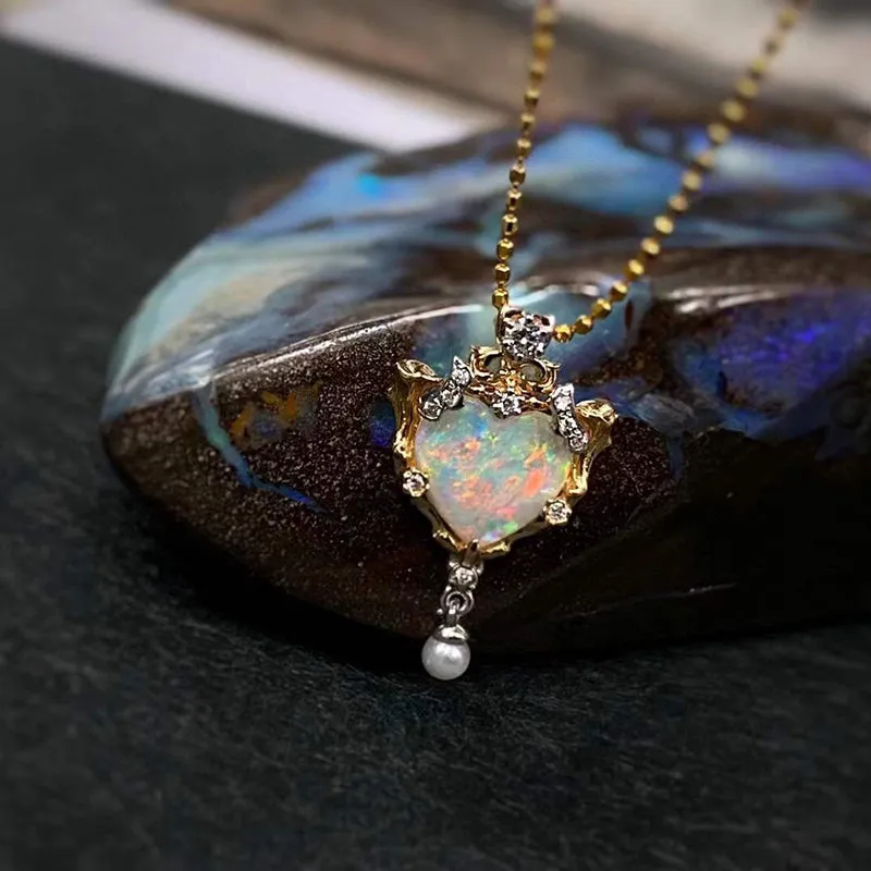18K White & Gold 0.6ct Natural Opal Real Diamond Akoya Pearl Necklace 18"