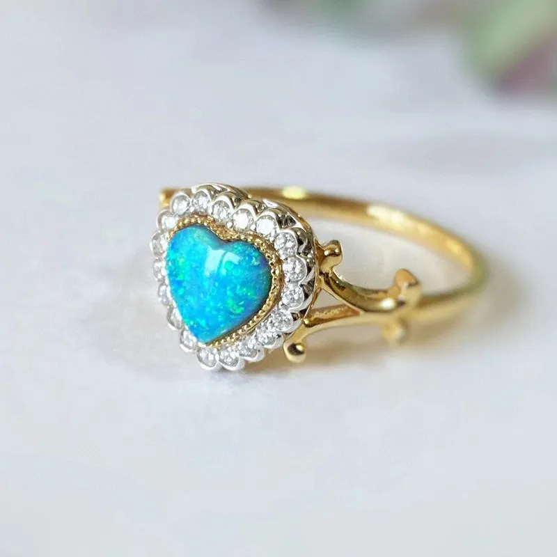 18K White & Gold Heart Shaped 0.50ct Natural Opal Diamond Ring
