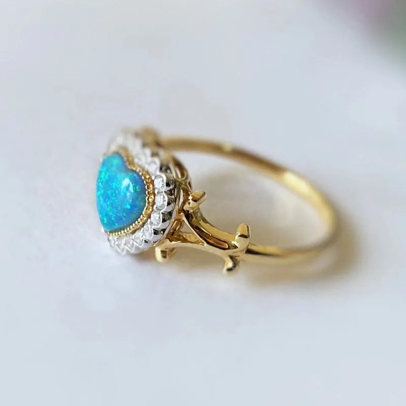 18K White & Gold Heart Shaped 0.50ct Natural Opal Diamond Ring