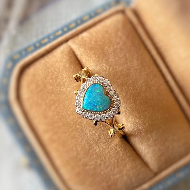18K White & Gold Heart Shaped 0.50ct Natural Opal Diamond Ring