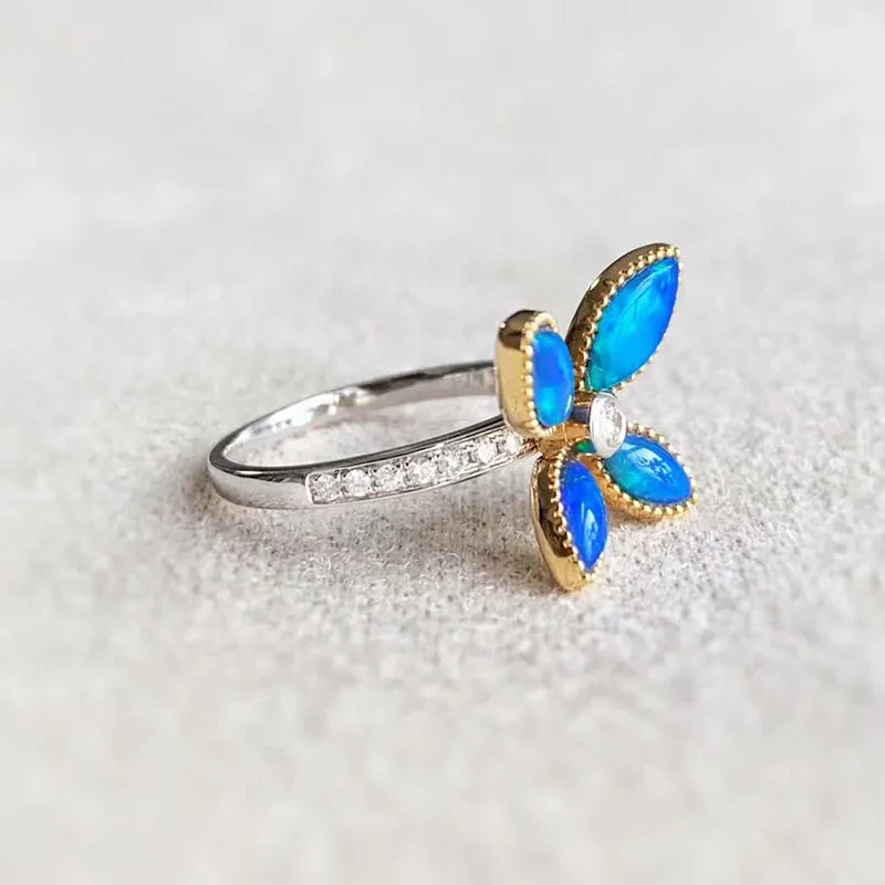18K White & Gold Marquise Cut 1.0ct Natural Opal Diamond Butterfly Ring