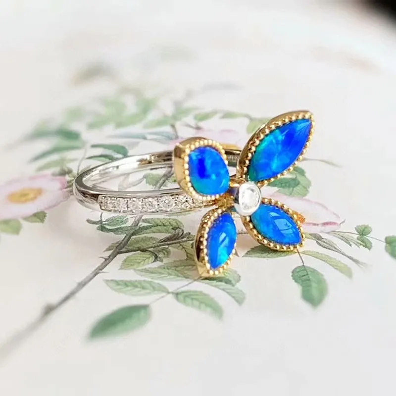 18K White & Gold Marquise Cut 1.0ct Natural Opal Diamond Butterfly Ring