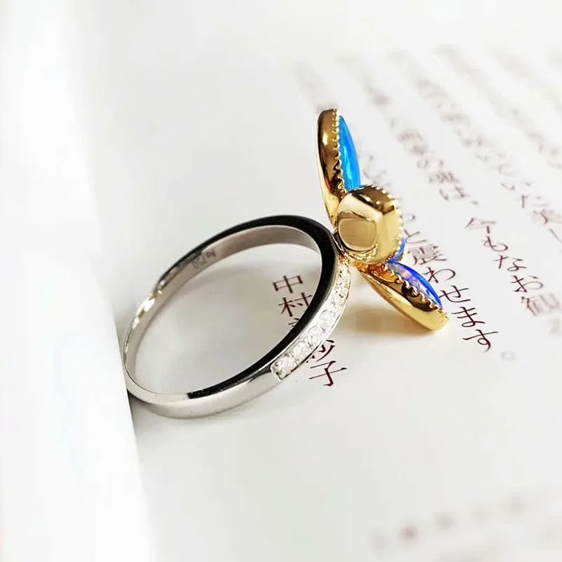18K White & Gold Marquise Cut 1.0ct Natural Opal Diamond Butterfly Ring