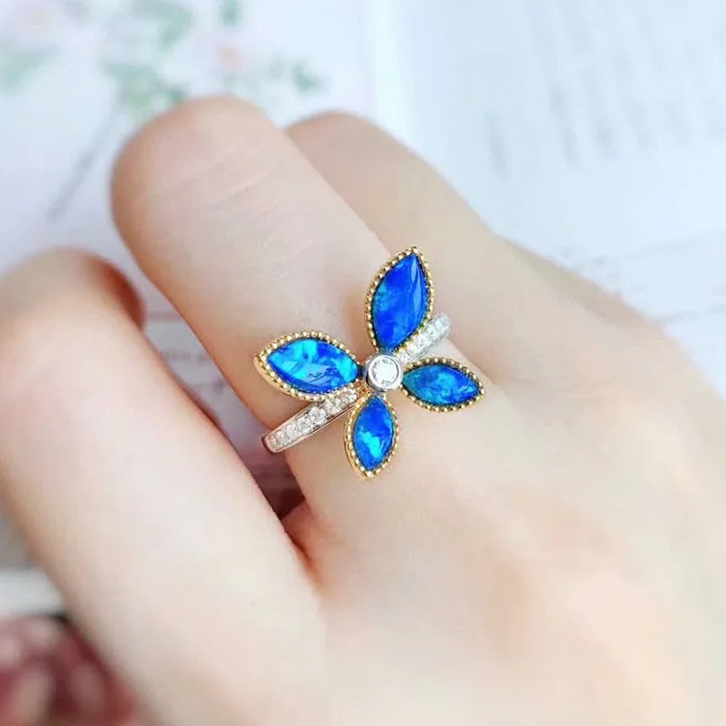 18K White & Gold Marquise Cut 1.0ct Natural Opal Diamond Butterfly Ring