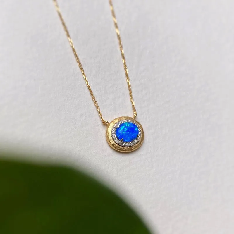 18K White & Gold Oval Cut Natural Opal Real Diamond Necklace
