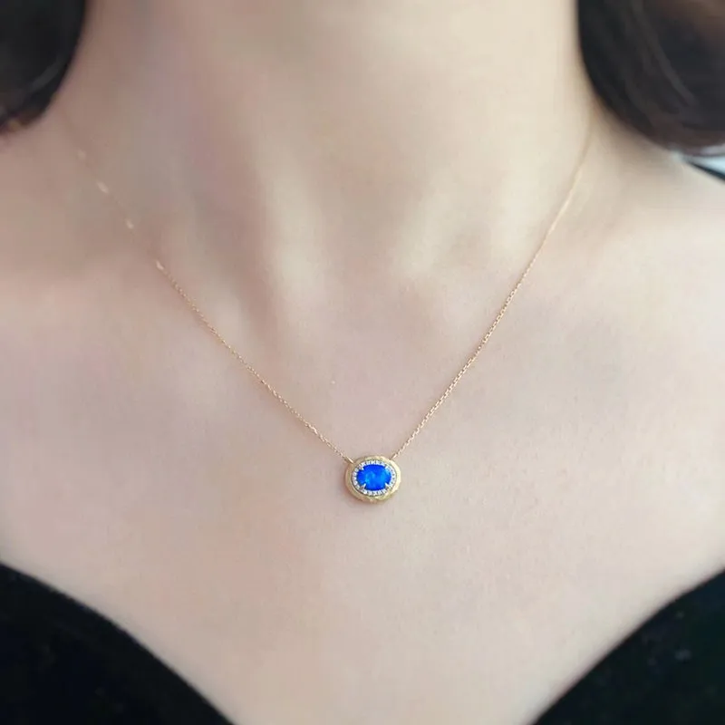 18K White & Gold Oval Cut Natural Opal Real Diamond Necklace