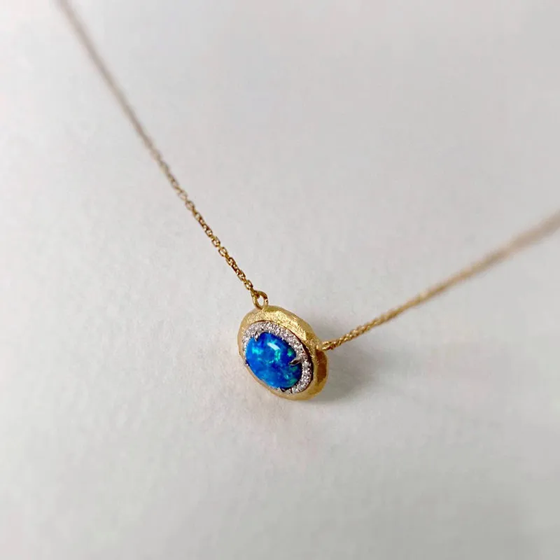18K White & Gold Oval Cut Natural Opal Real Diamond Necklace