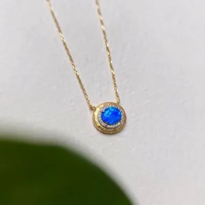 18K White & Gold Oval Cut Natural Opal Real Diamond Necklace