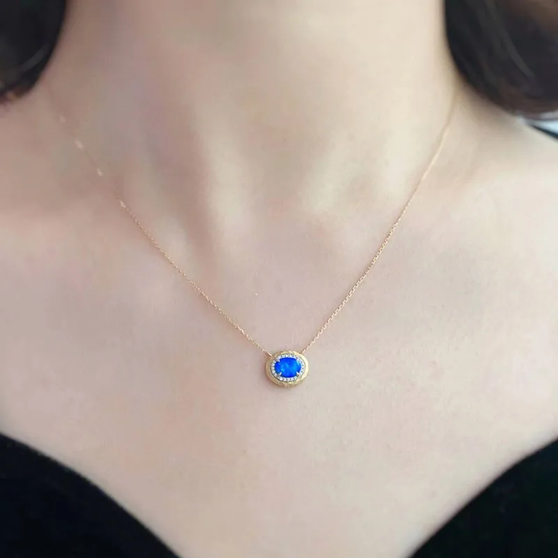 18K White & Gold Oval Cut Natural Opal Real Diamond Necklace