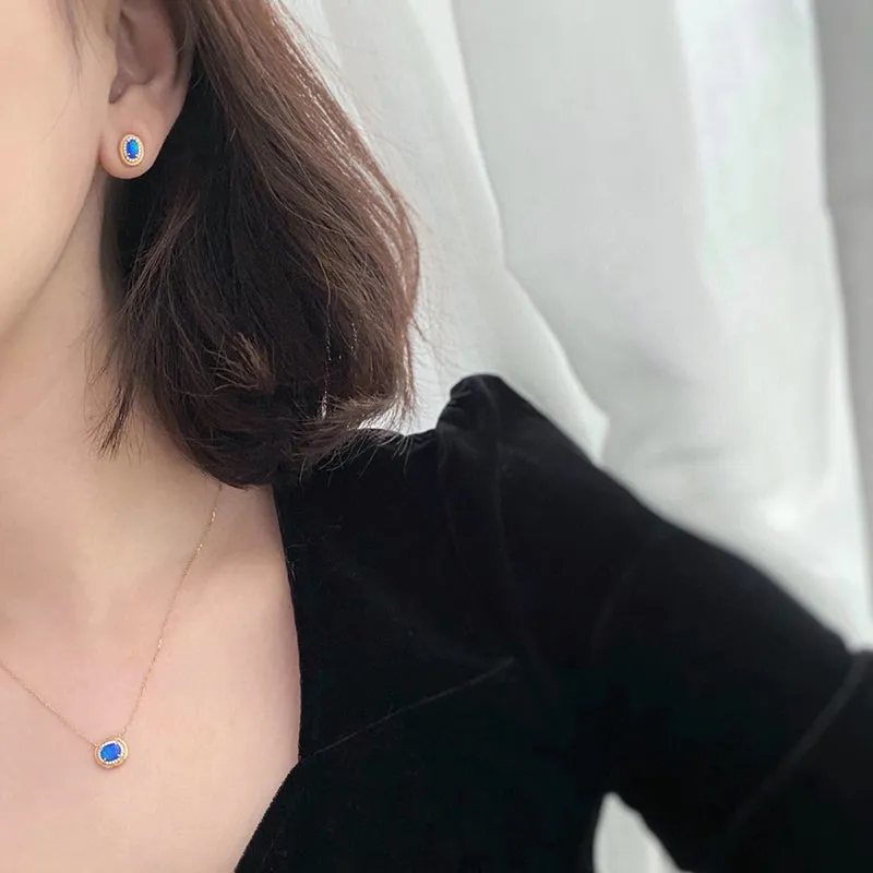 18K White & Gold Oval Cut Natural Opal Real Diamond Necklace