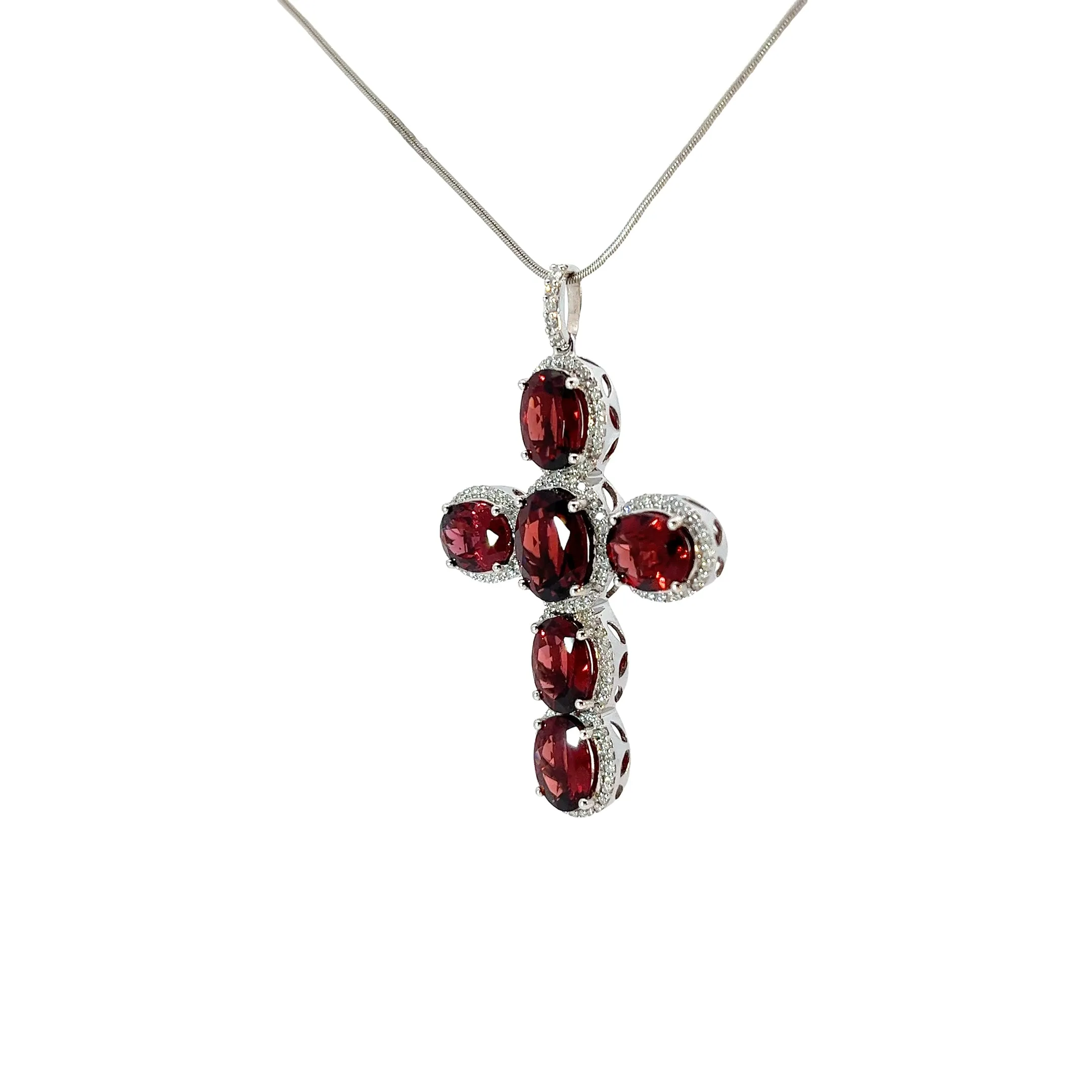 18k White Gold Garnet and Diamond Cross necklace
