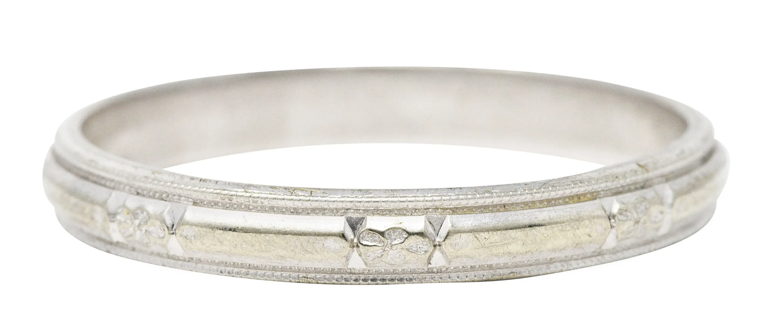 1930's J.R. Wood & Sons Art Deco 18 Karat White Gold Floral Station Men's Band Ring