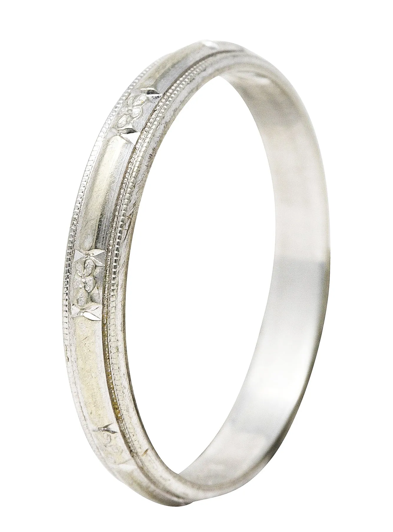 1930's J.R. Wood & Sons Art Deco 18 Karat White Gold Floral Station Men's Band Ring