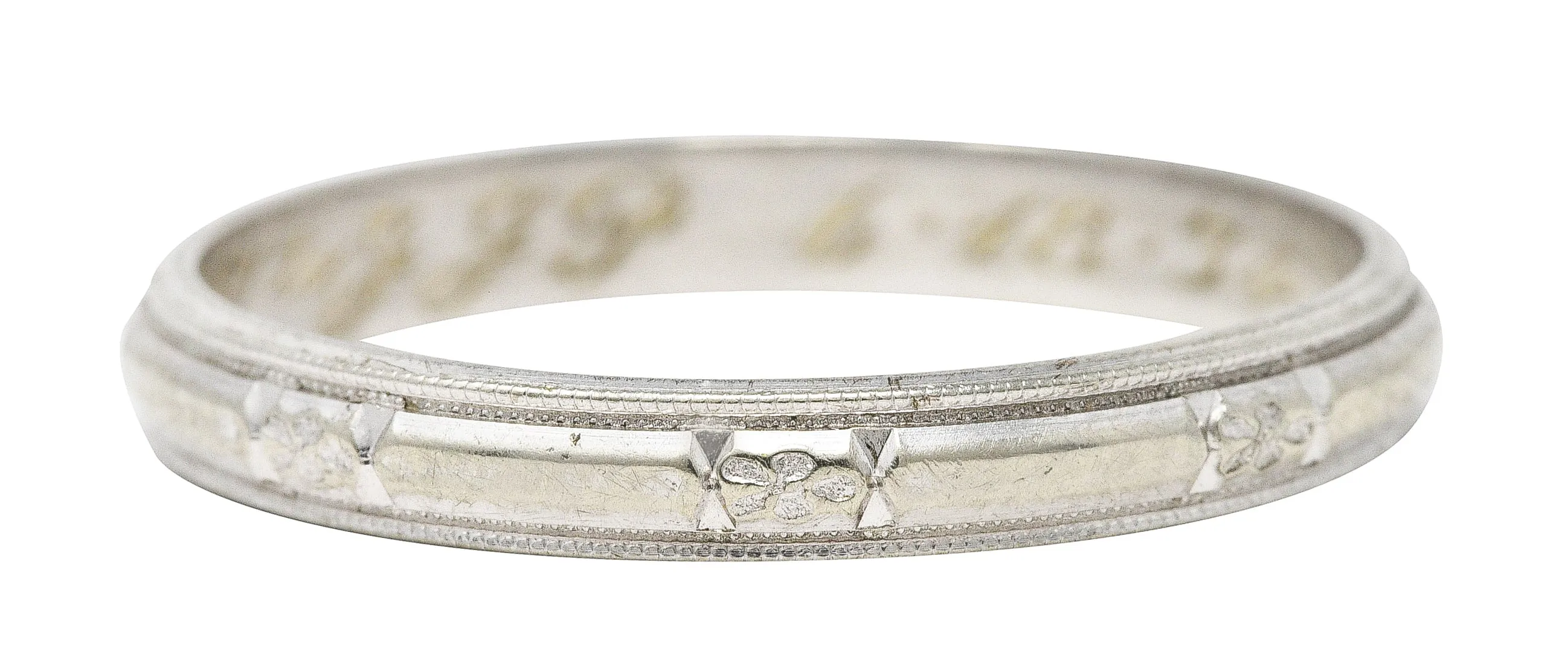 1930's J.R. Wood & Sons Art Deco 18 Karat White Gold Floral Station Men's Band Ring