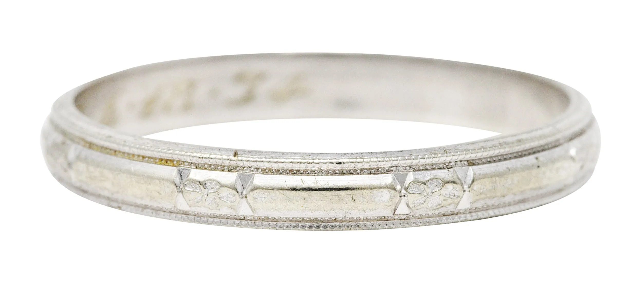 1930's J.R. Wood & Sons Art Deco 18 Karat White Gold Floral Station Men's Band Ring