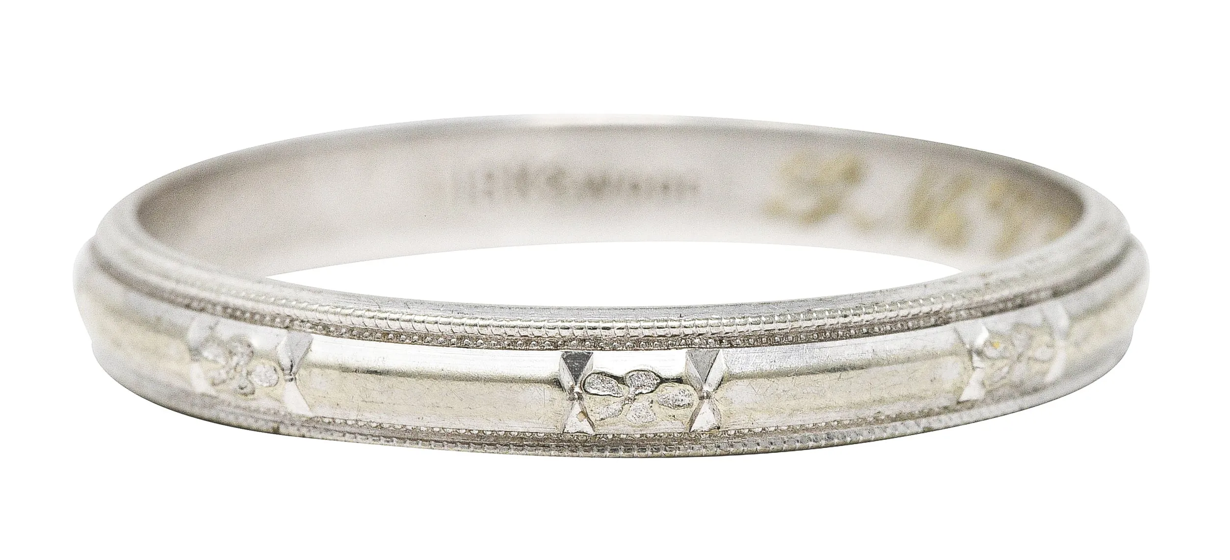 1930's J.R. Wood & Sons Art Deco 18 Karat White Gold Floral Station Men's Band Ring