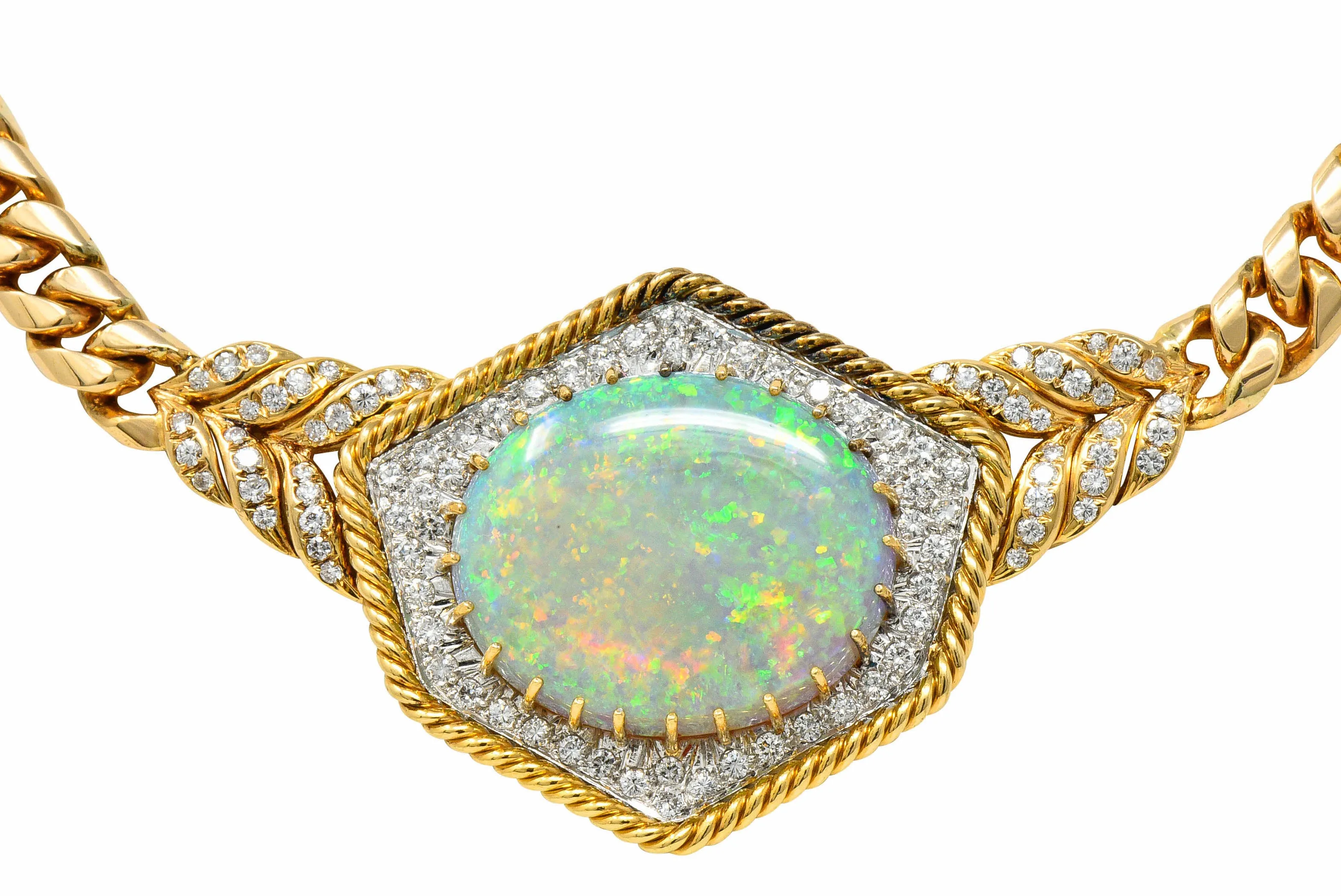 1980's Vintage Opal Diamond 18 Karat Two-Tone Gold Statement Necklace