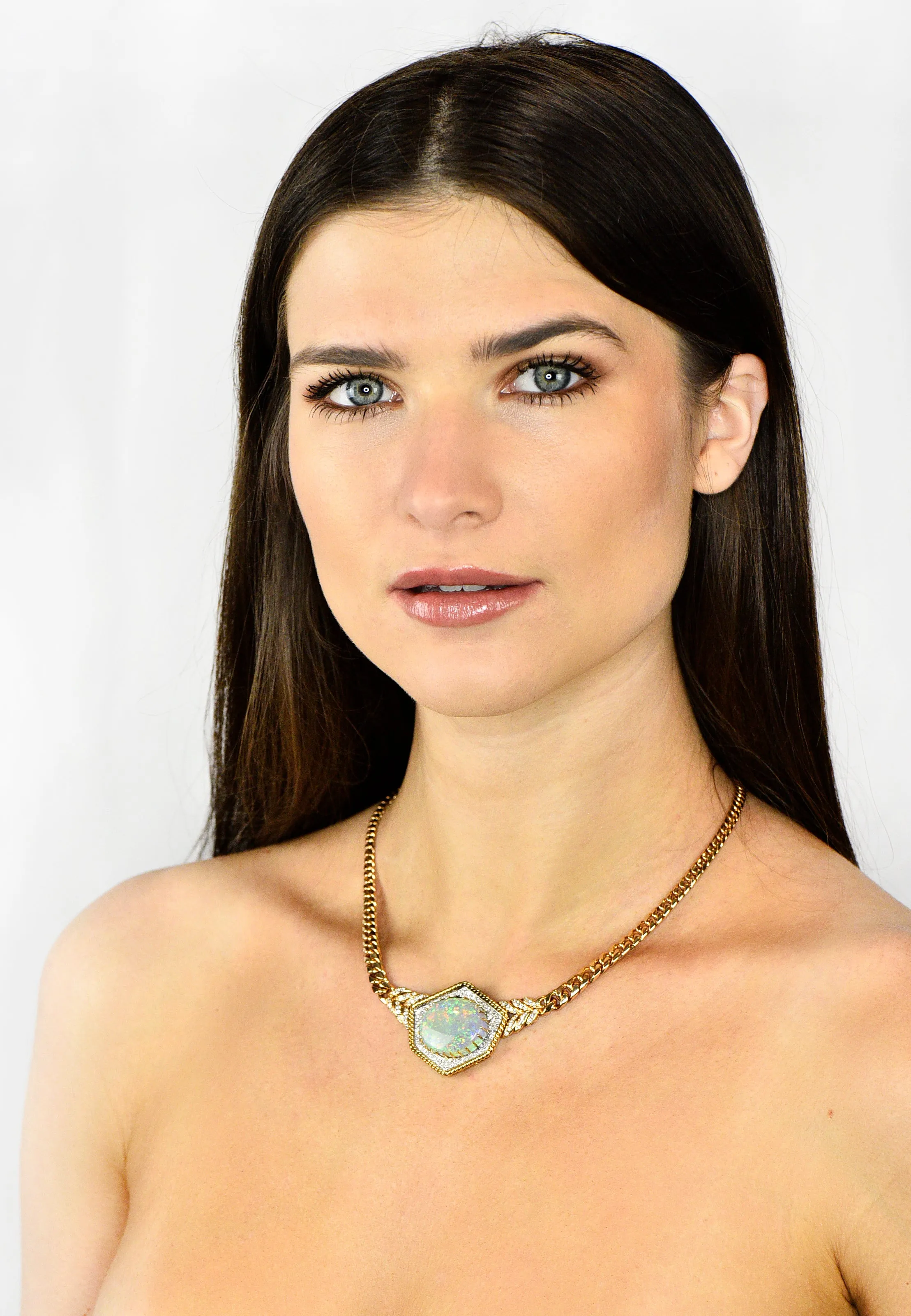 1980's Vintage Opal Diamond 18 Karat Two-Tone Gold Statement Necklace