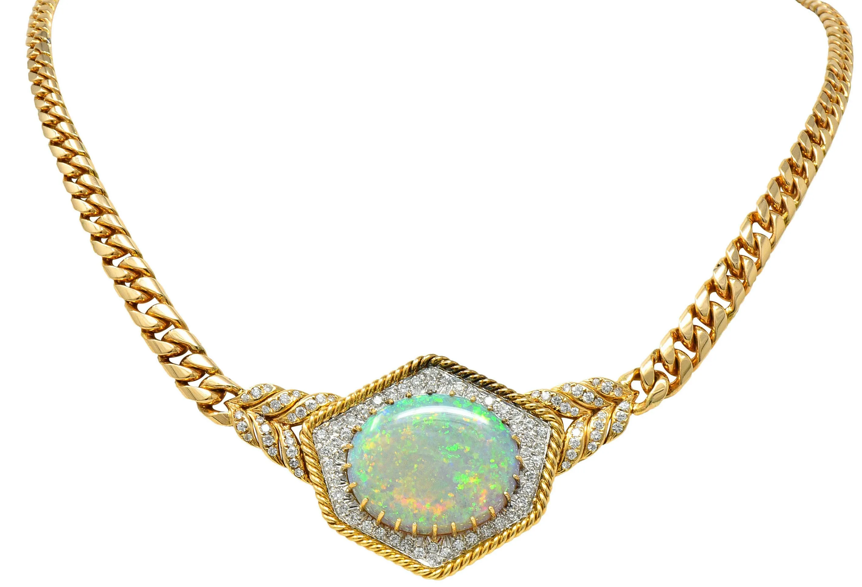 1980's Vintage Opal Diamond 18 Karat Two-Tone Gold Statement Necklace