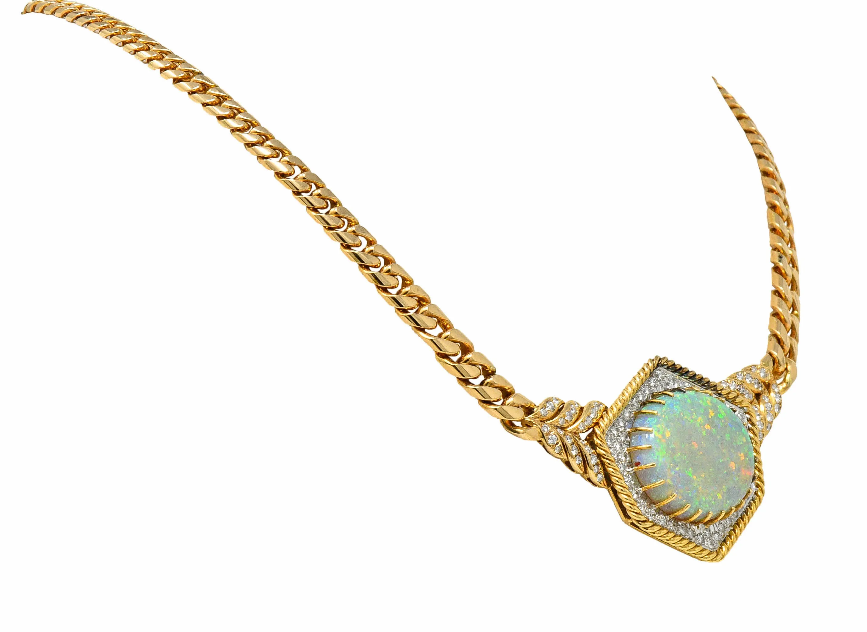 1980's Vintage Opal Diamond 18 Karat Two-Tone Gold Statement Necklace