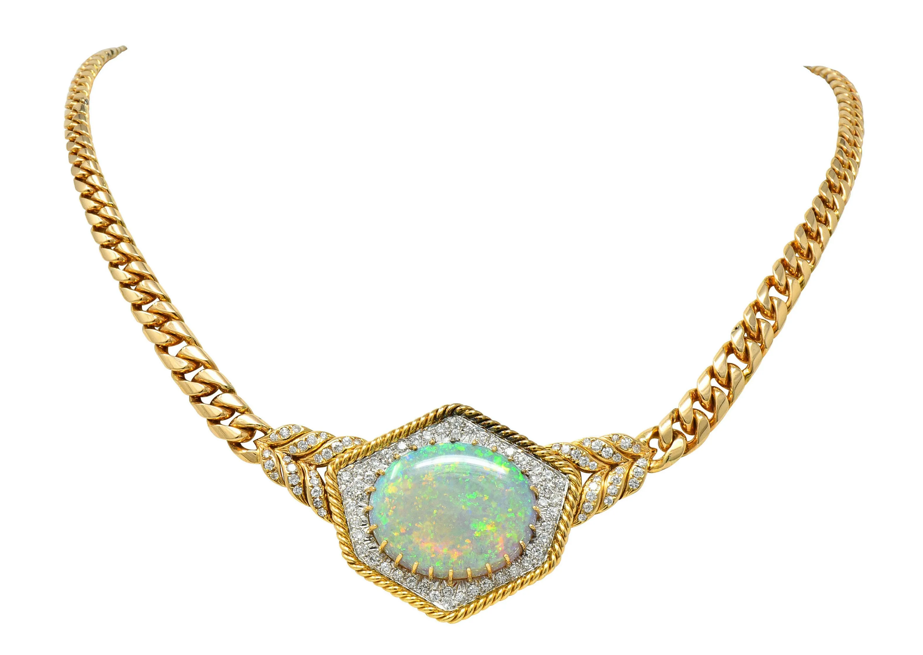 1980's Vintage Opal Diamond 18 Karat Two-Tone Gold Statement Necklace