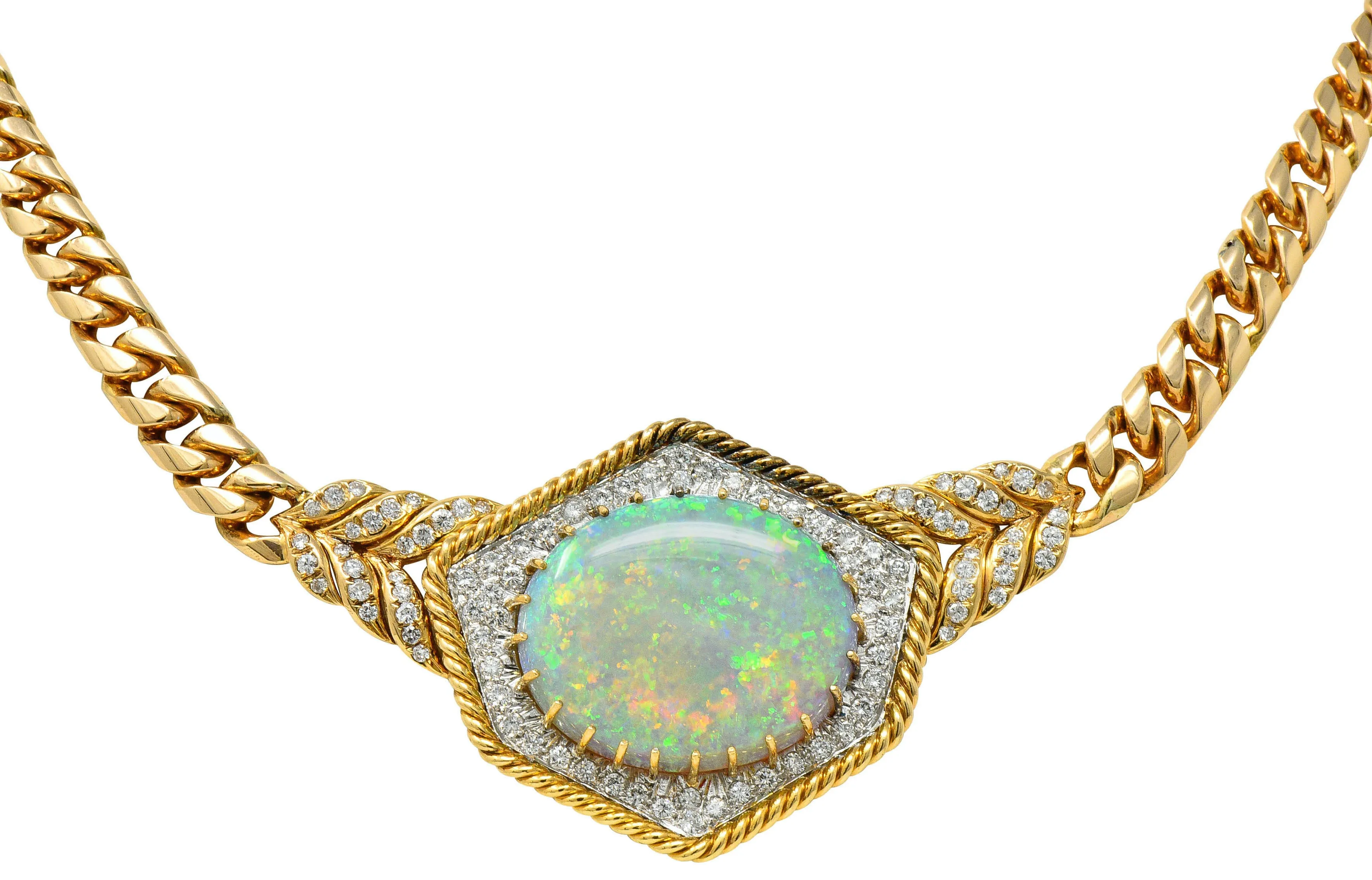 1980's Vintage Opal Diamond 18 Karat Two-Tone Gold Statement Necklace