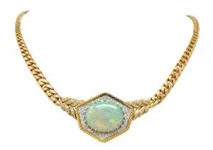 1980's Vintage Opal Diamond 18 Karat Two-Tone Gold Statement Necklace
