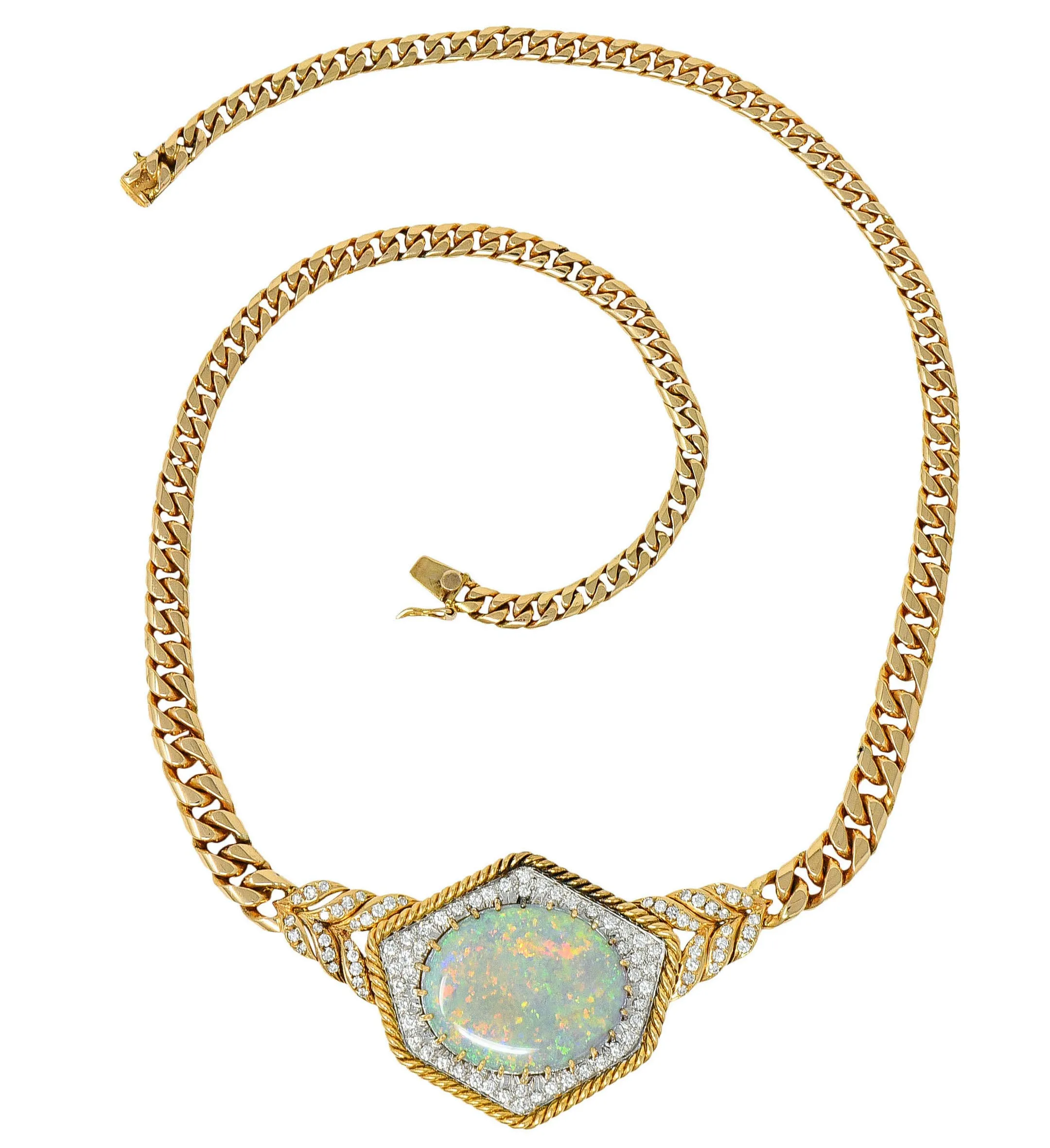 1980's Vintage Opal Diamond 18 Karat Two-Tone Gold Statement Necklace