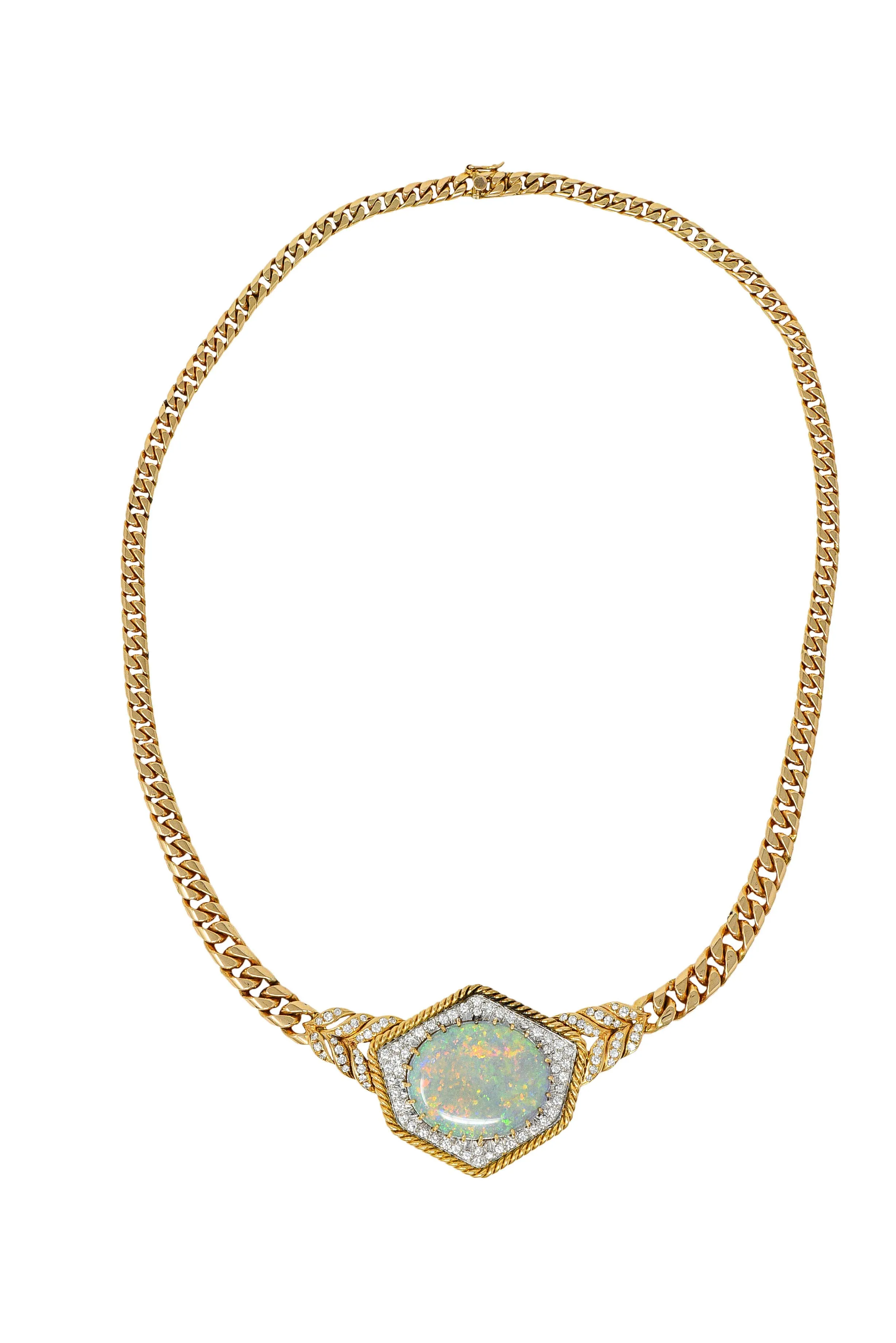 1980's Vintage Opal Diamond 18 Karat Two-Tone Gold Statement Necklace