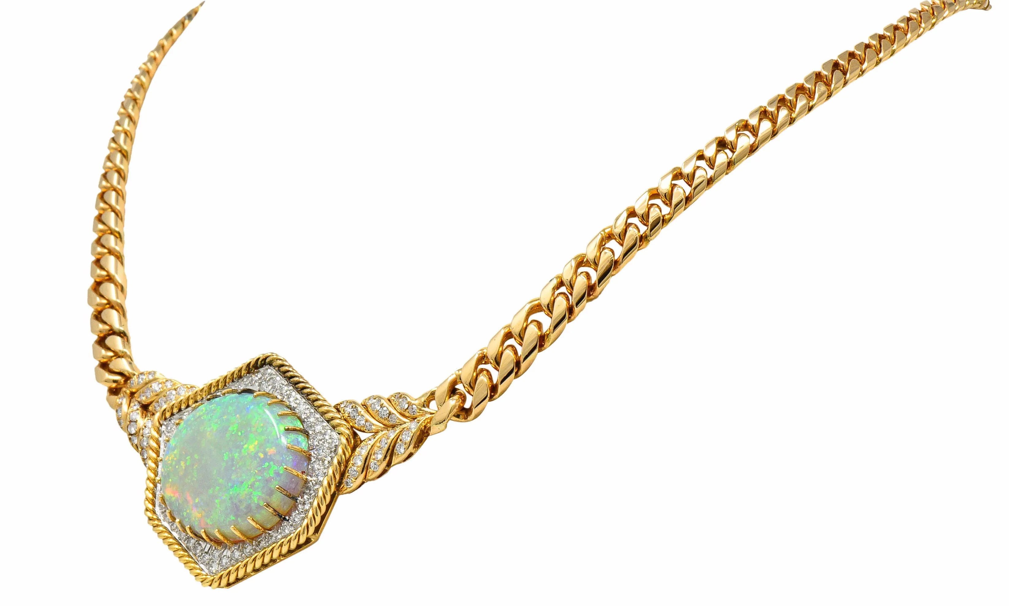 1980's Vintage Opal Diamond 18 Karat Two-Tone Gold Statement Necklace