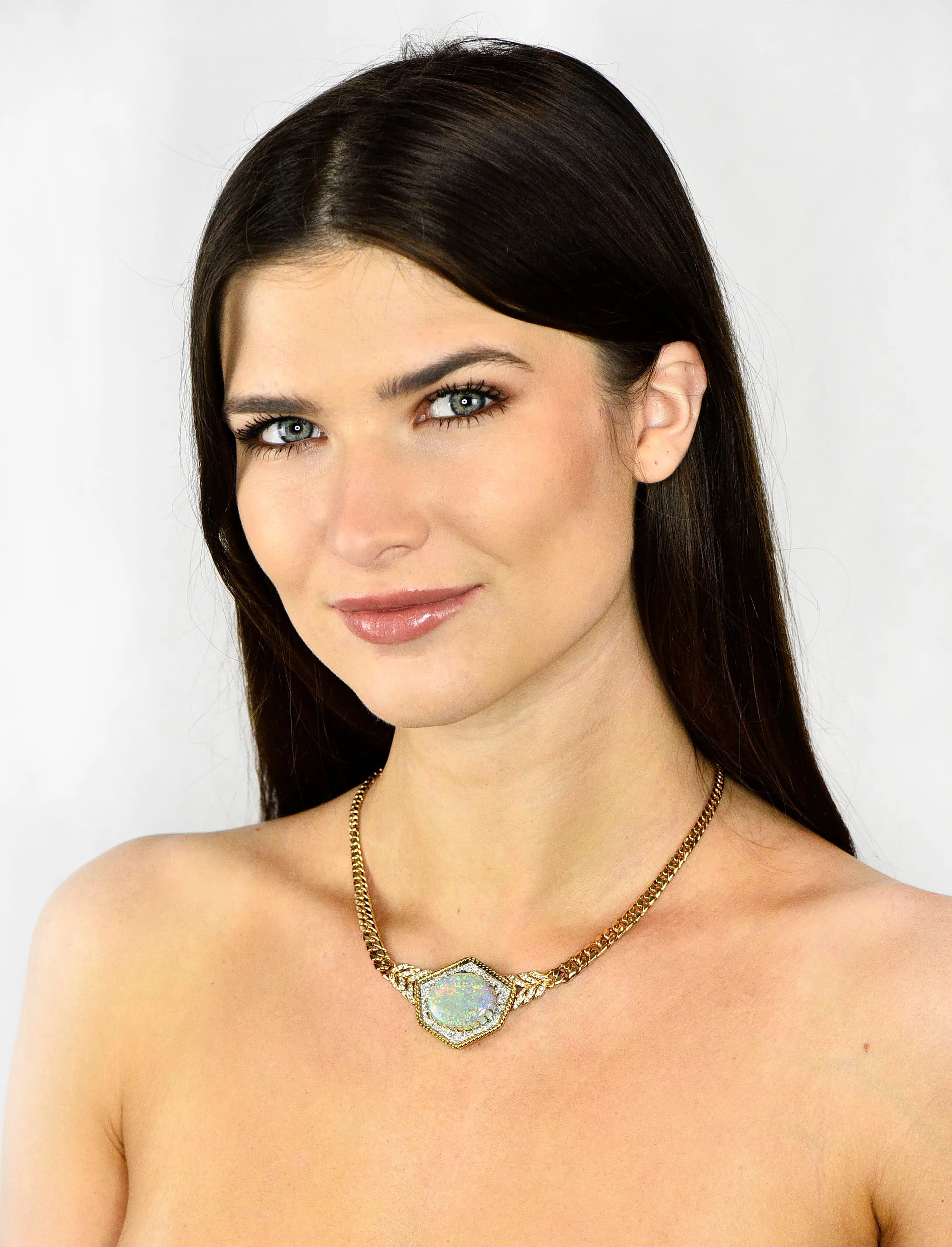 1980's Vintage Opal Diamond 18 Karat Two-Tone Gold Statement Necklace