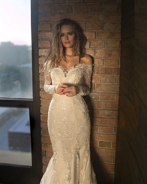 2019 Off The Shoulder Mermaid Wedding Dresses Full Sleeve Elegant Bridal Gown Appliques
