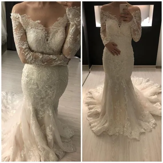 2019 Off The Shoulder Mermaid Wedding Dresses Full Sleeve Elegant Bridal Gown Appliques