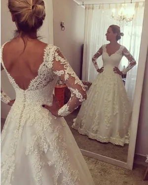 2020 Unique Lace A-line Wedding Dresses Full Sleeve V-Neck Backless Bridal Gowns Court Train