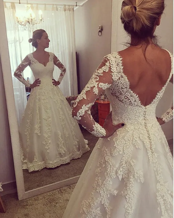 2020 Unique Lace A-line Wedding Dresses Full Sleeve V-Neck Backless Bridal Gowns Court Train
