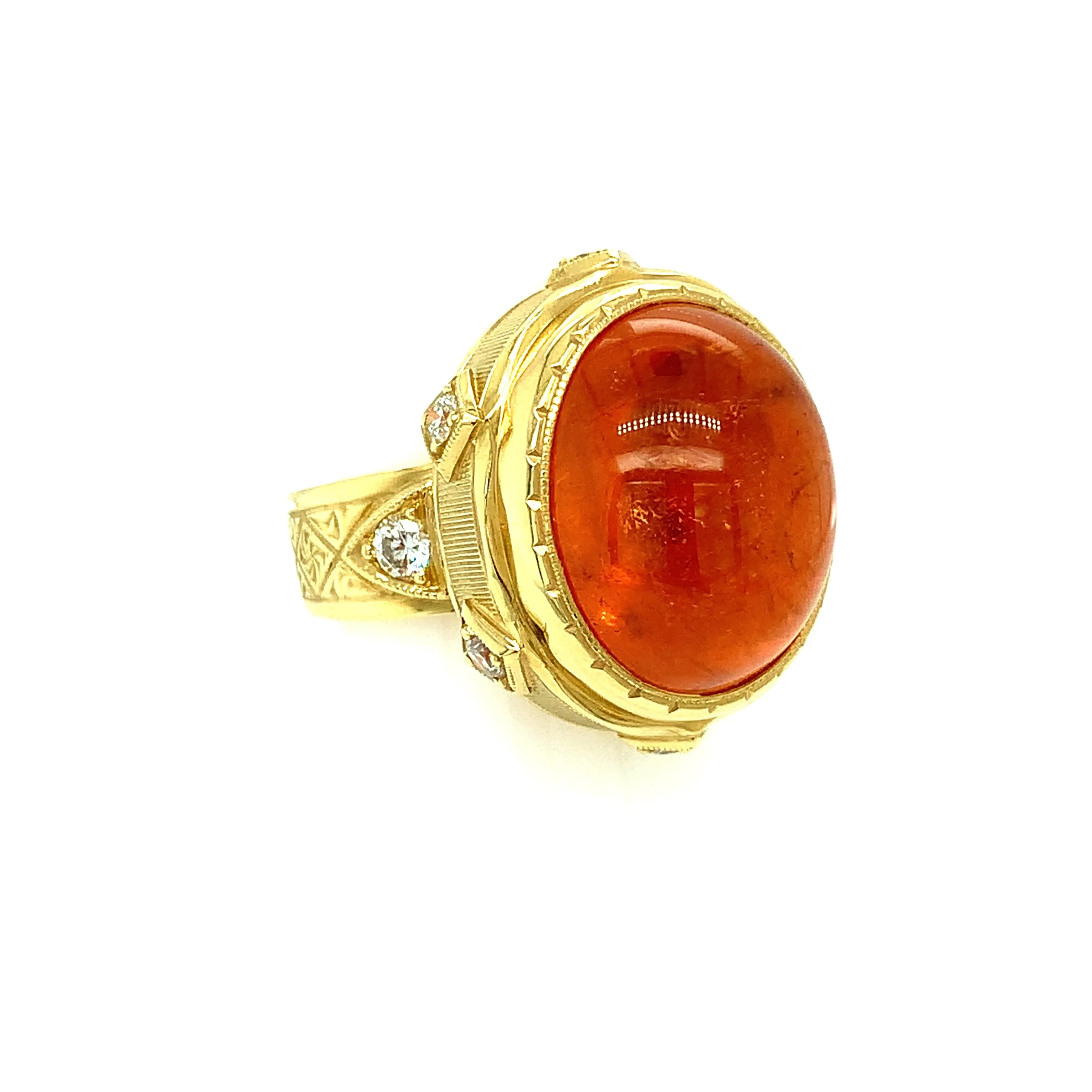 24.39 Carat Spessartite Garnet Cabochon, Diamond Yellow Gold Dome Cocktail Ring