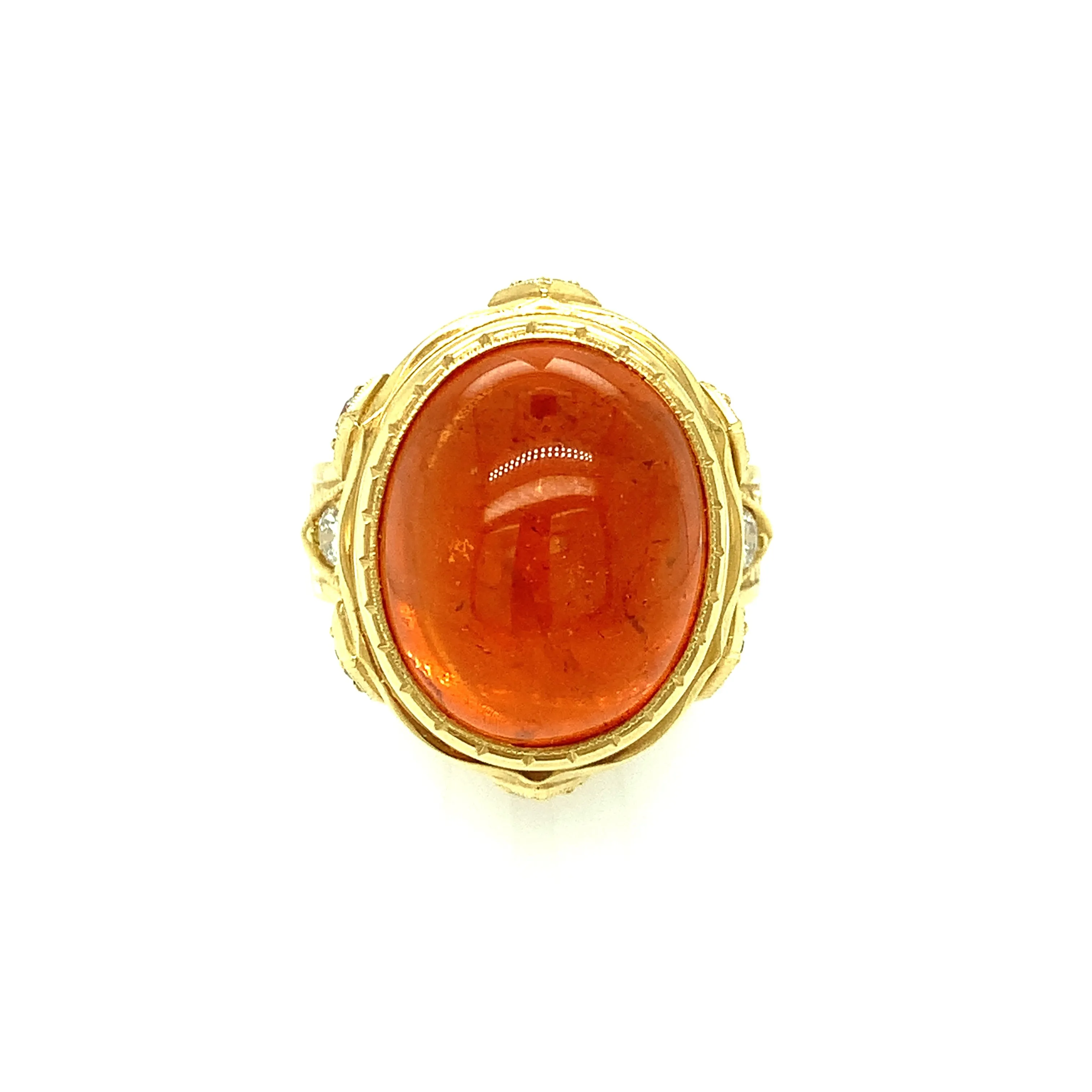 24.39 Carat Spessartite Garnet Cabochon, Diamond Yellow Gold Dome Cocktail Ring