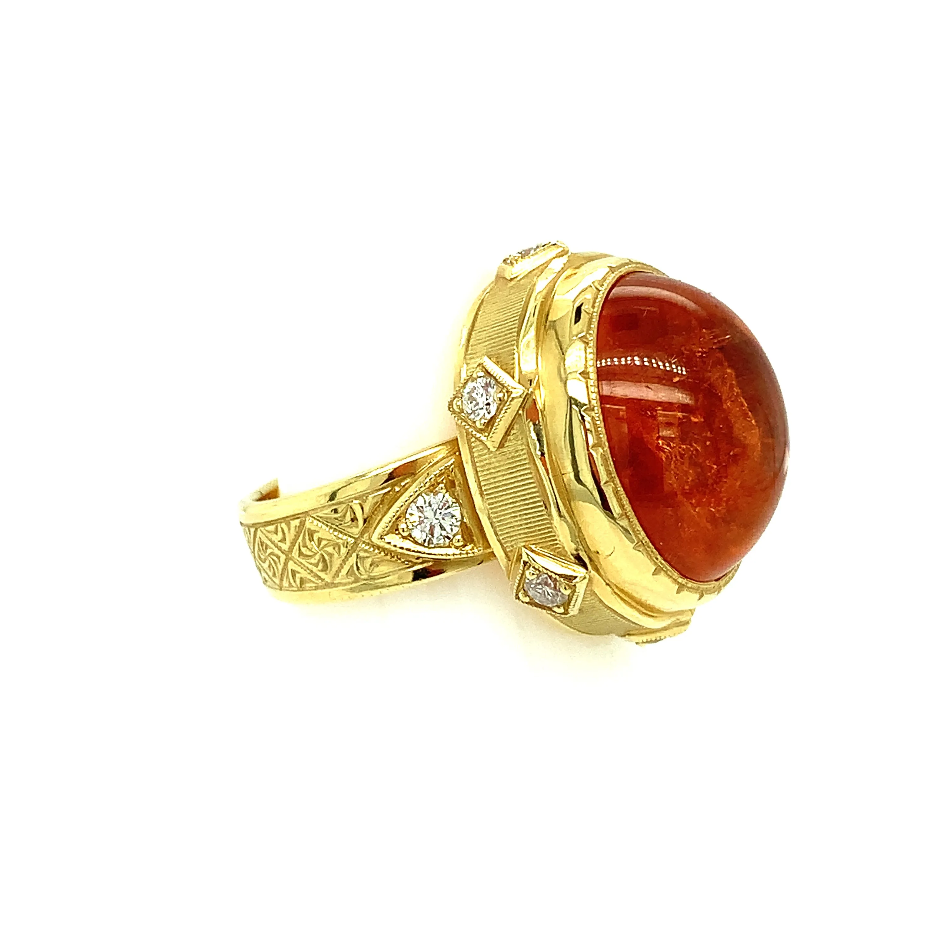 24.39 Carat Spessartite Garnet Cabochon, Diamond Yellow Gold Dome Cocktail Ring