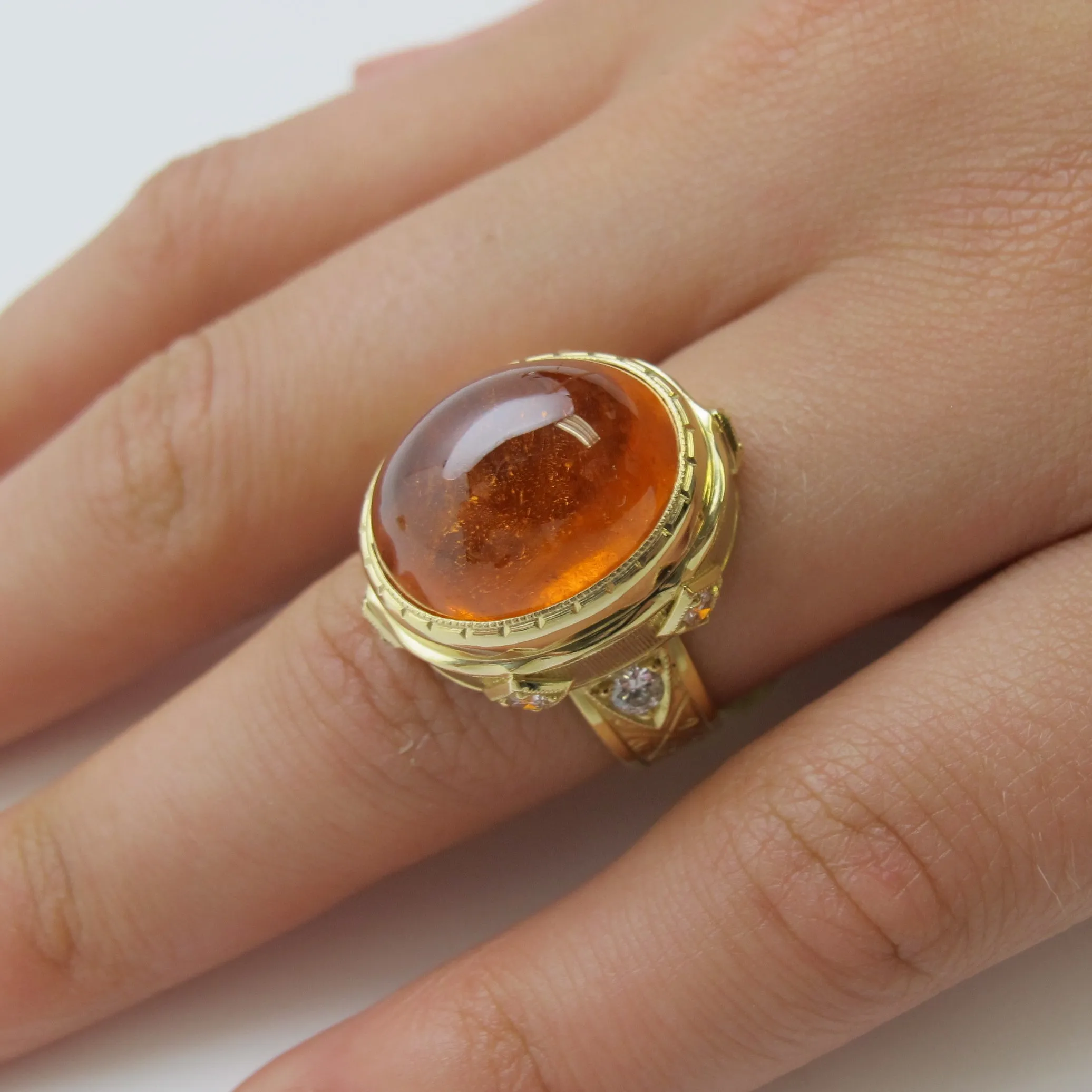 24.39 Carat Spessartite Garnet Cabochon, Diamond Yellow Gold Dome Cocktail Ring