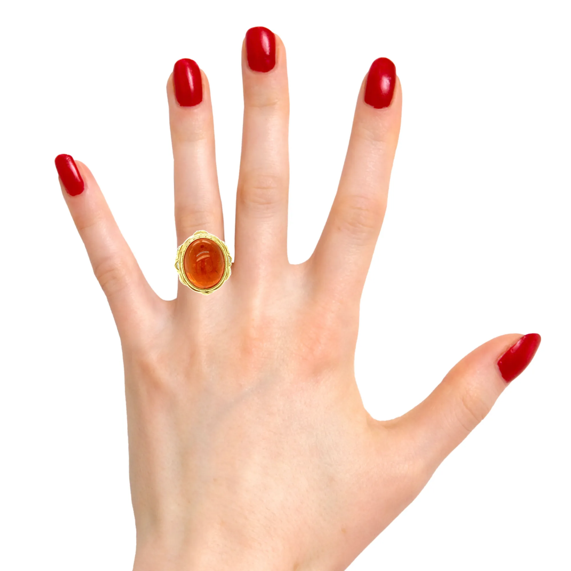 24.39 Carat Spessartite Garnet Cabochon, Diamond Yellow Gold Dome Cocktail Ring